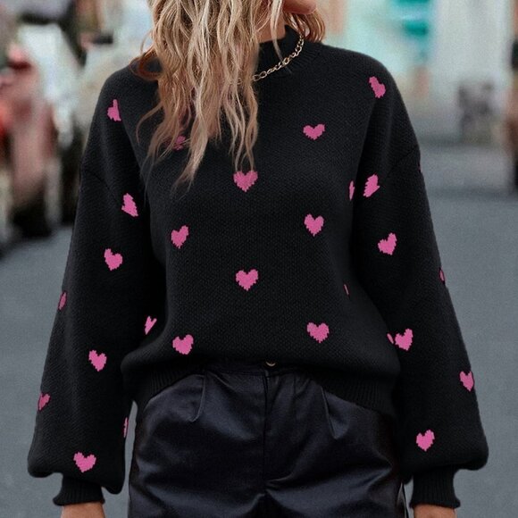 Black Casual Womens Heart Pattern Mock Neck Drop Shoulder Sweater - Picture 4 of 5